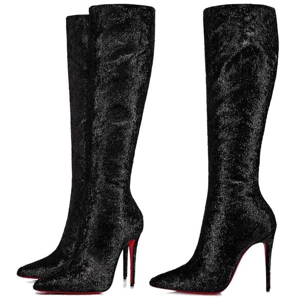 Christian Louboutin Kate Botta 100 Black Velours Papillon Knee Heel Boot 38.5 - Picture 5 of 12